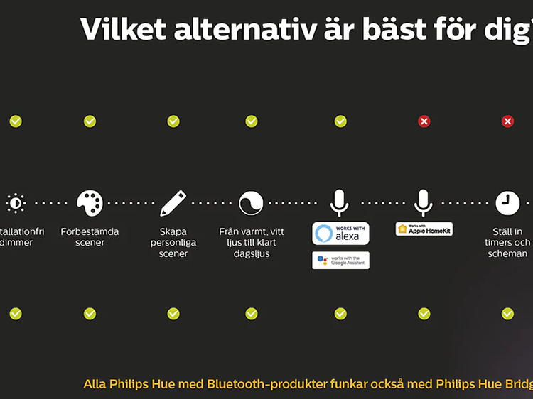 Philips Hue: VIlket alternativ är bäst för dig? En linje med olika symboler och text för att visa olika alternativ.