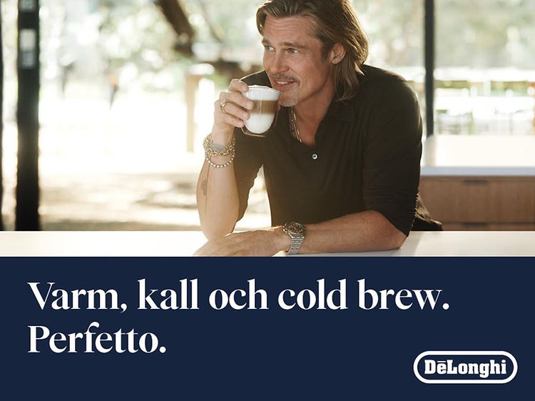 Delonghi Eletta Explore kaffemaskin och Brad Pitt som njuter av kaffe