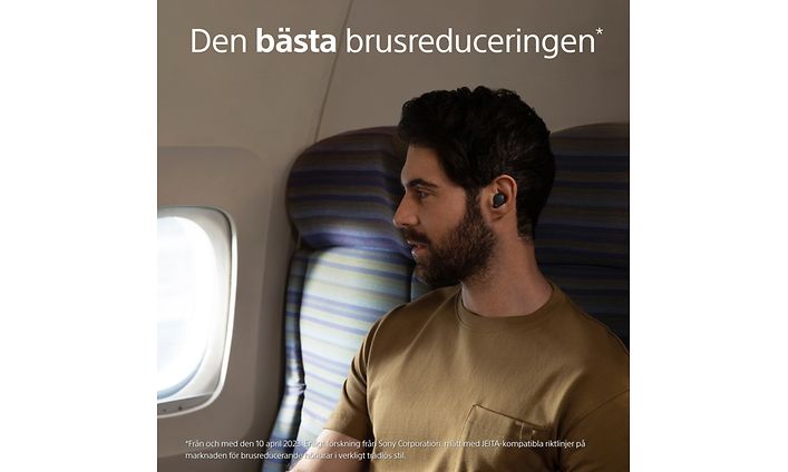 Man sitter på tåget med Sony WF-1000XM5