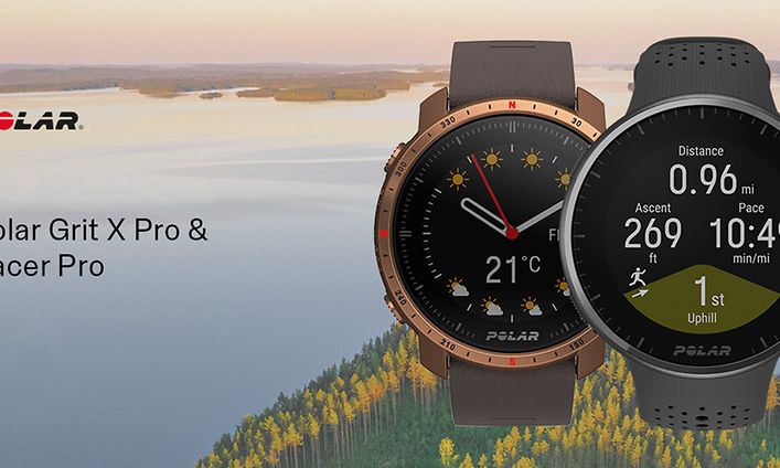 Polar Pacer Pro och Polar Grit X Pro sportklocka bredvid varandra och ett sjölandskap i bakgrunden