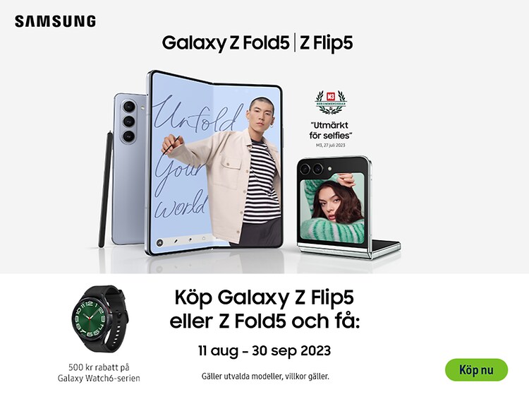 Köp Galaxy z Flip5 eller Z Fold5 och få 500 kr rabatt på Galaxy Watch6-serien