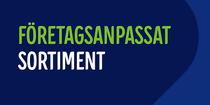 Blå banner med text Företagsanpassat sortiment i grönt och vitt