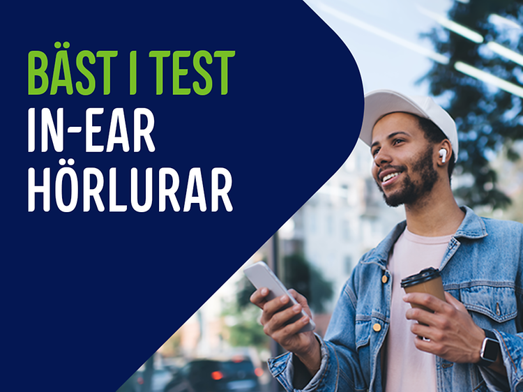 Banner med texten: Bäst i test och en man i keps med in ear hörlurar