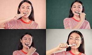 Collage of woman brushing her teeth with Philips One electrical toothbrush in four different colours
