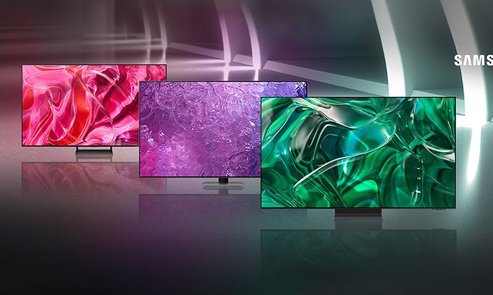 Three different sized Samsung TVs with pink, purple and green backgrounds