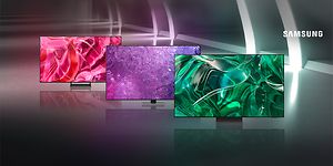 Three different sized Samsung TVs with pink, purple and green backgrounds