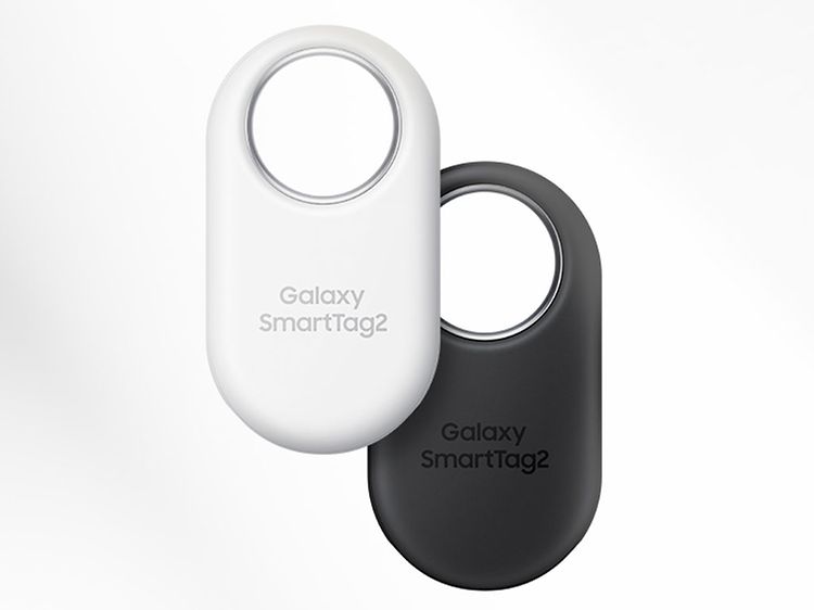 Black and white Samsung SmartTag2 Bluetooth trackers on a white background