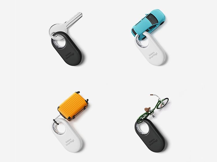 Four Samsung SmartTag2 Bluetooth trackers on a white background
