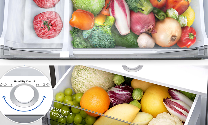 Samsung kyllåda med Humidity Fresh+ full av färsk frukt och grönsaker