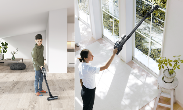 Samsung Jet being used by both a yung boy vacuuming living room and a woman cleaning windows showcasing the vacuums light weight