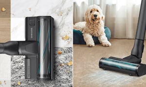 Samsung Jet 75 with Turbo Action Brush vacuuming both pet hair and dirt
