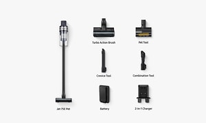All the parts that come with the Samsung Jet 75 Pet vacuum cleaner
