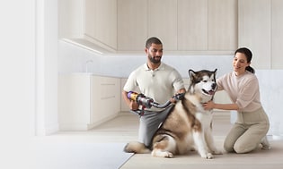 Ett par som använder Dyson Pälsvårdskit på sin hund