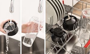 Tre bilder bredvid varandra där personen tvättar Bosch mixer med rinnande vatten och där den ställs i en diskmaskin