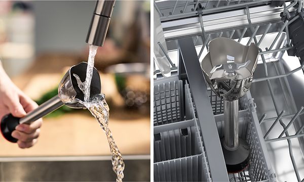 Två bilder bredvid varandra som visar hur Bosch stavmixer kan diskas för hand eller i diskmaskin