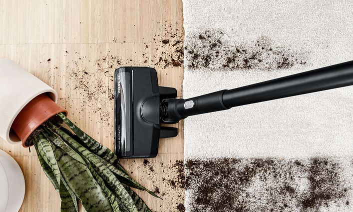Cordless Bosch vacuum cleaning dirt from the floor that comes from fallen houseplant