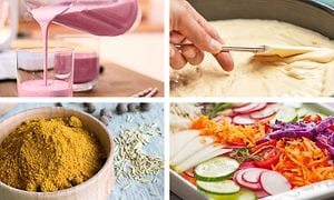 Collection of four images with smoothie, cake batter, spices and salad