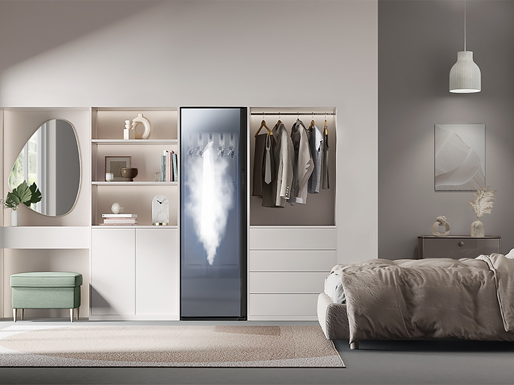 Samsung AirDresser del av interiören i ett modernt sovrum