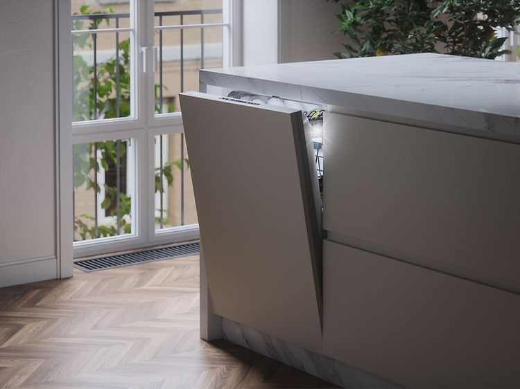 Integrated dishwasher with open door in modern kitchen island