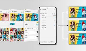 Samsung Business TV-app på mobil med olika exempel på innehåll.