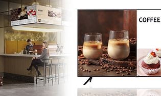 Samsung Business TV banner with images of the TV in a cafe and person controlling it with smartphone app