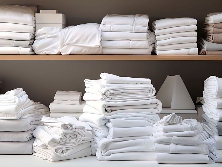 Linen folded and stacked on the closet shelf