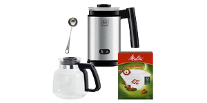 Melitta kaffetillbehör - mjölkskummare, måttsked, kaffekanna och kaffefilter