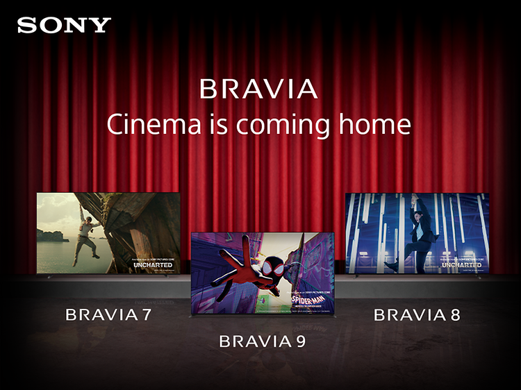 Sony - CE - Sony banner with three Bravia tv's and text Cinema is coming home