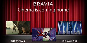 Sony - CE - Sony banner with three Bravia tv's and text Cinema is coming home