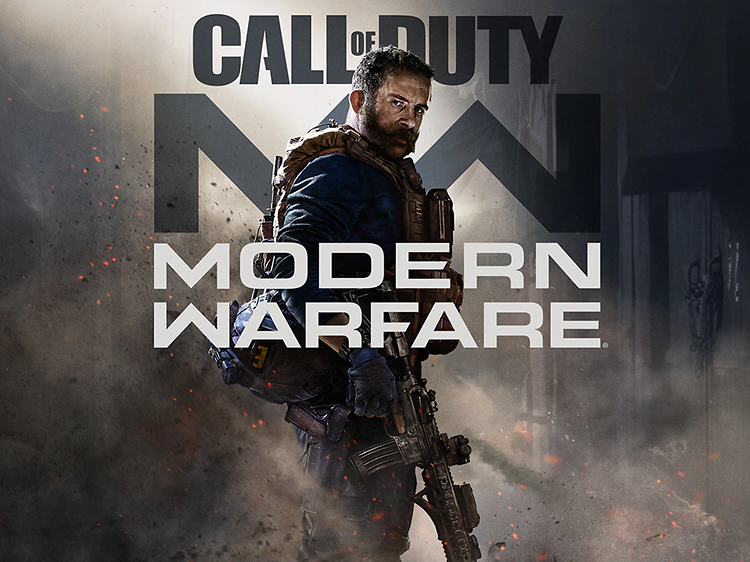 Call of Duty - Modern warfare, bild från spelet på en man med stort skjutvapen och glöd och rök i bakgrunden.
