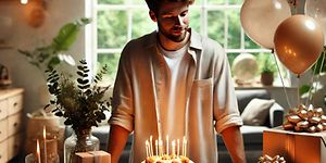 A man standing in front of a birthday cake on a table with birthday gifts