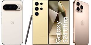 Google Pixel 9 Pro, Samsung Galaxy S24 Ultra och iPhone 16 Pro Max bredvid varandra
