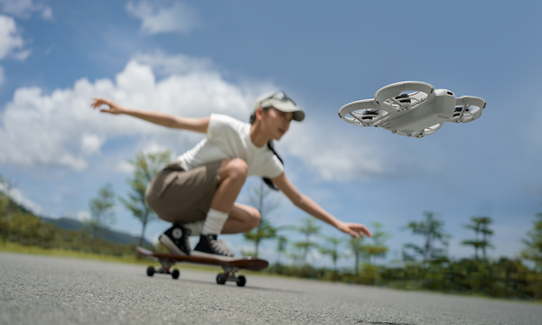 Skateboarder being filmed with DJI Neo Drone AI Subject Tracking