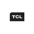 TCL logotyp, vit text på svart block med vit bakgrund.