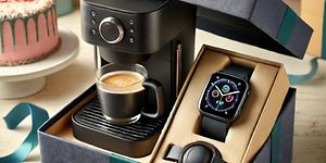 A small, black gift box with a coffee machine and smartwatch inside