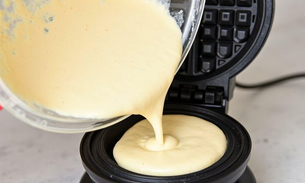 Pour waffle batter into a waffle iron
