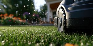 En närbild av en robotgräsklippare som glider över nyvattnat gräs i en livfull trädgård, där daggdroppar gnistrar i morgonsolen.