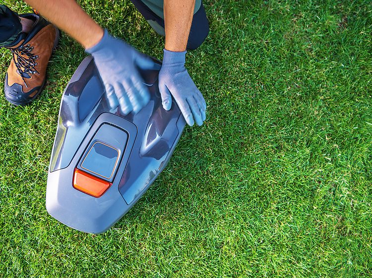 A Person Services a Robotic Lawn Mower on a Lush Green Lawn During Daylight