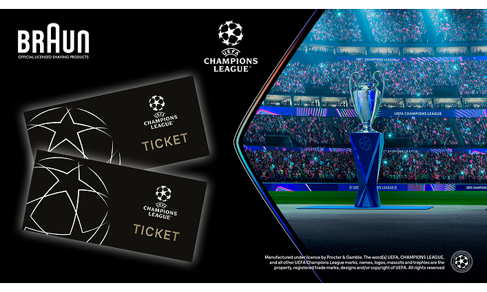 Braun logo on banner with tickets to Champions League next to the Champions League trophy