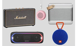 Produktbild: olika bärbara högtalare från Marshall, Sony, Bang Olufsen och JBL.