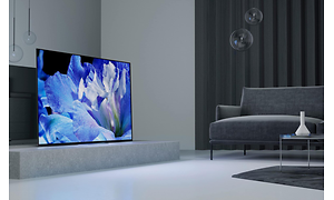 Bild av en TV i ett grå/svart vardagsrum med en soffa och mörka gardiner. Motivet på TV:n är en blå blomma.