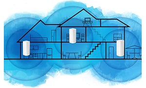 Tecknad skiss på hus med blå färg som illustrerar wifi-uppkoppling med blåa cirklar och olika stark blå färg. 