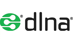 DLNA logga med grön symbol och svart text, vit bakgrund.
