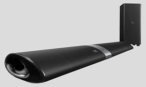 Två olika varianter av högtalare i svart med grå bakgrund. En lång och smal liggande variant och en stående. 