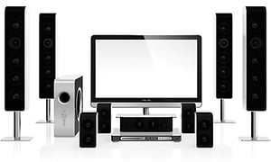 TV med vit skärm och en hel massa separata högtalare, fyra små och fyra stora och bas-enhet. 