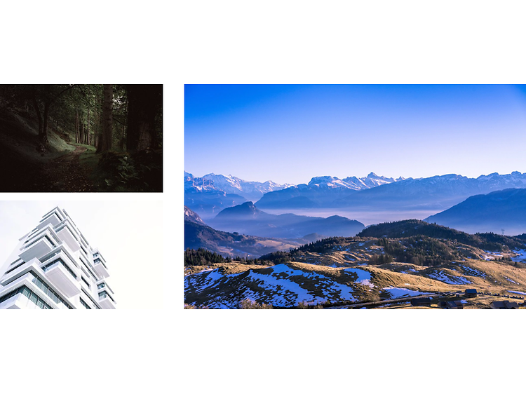Kollage av flera landskapsbilder. En mörk skog, en modern byggnad och en vy över ett fjällandskap.