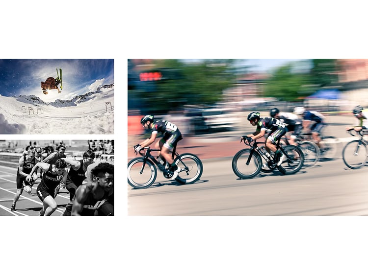 Kollage över sportbilder, stor bild på cyklister i full fart, svartvit bild på löpare och en skidåkare som trixar i luften. 