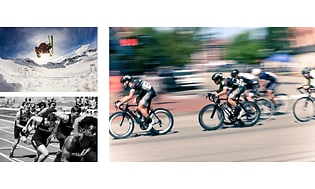 Kollage över sportbilder, stor bild på cyklister i full fart, svartvit bild på löpare och en skidåkare som trixar i luften. 