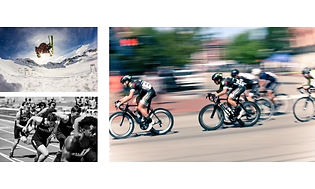 Kollage över sportbilder, stor bild på cyklister i full fart, svartvit bild på löpare och en skidåkare som trixar i luften.