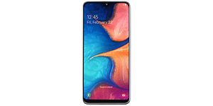 Frontbild av Samsung Galaxy A20e med färglad startskärm.